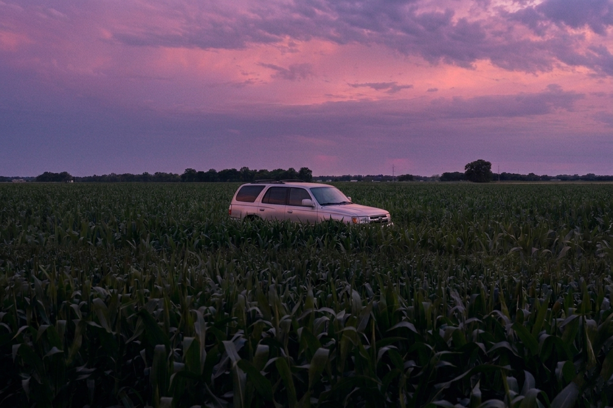A white Toyota 4Runner sitting in a cornfield beneath a pink and purple evening sky